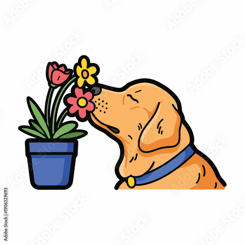 A dog sniffs colorful flowers in a pot