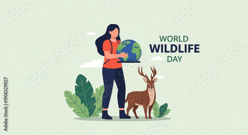 World Wildlife Day 3 March Minimal Flat Graphic of Elephant Rhino Tiger Monkey Around Global Earth