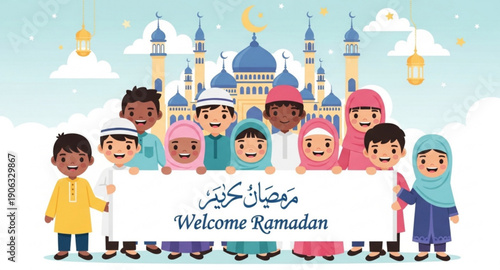 Welcome Ramadan Cute Muslim Kids Vector Illustration