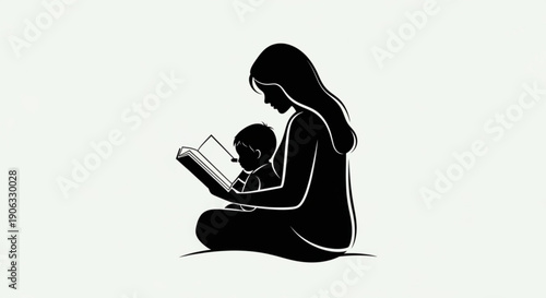 Mother Reading to Child Silhouette on White Background