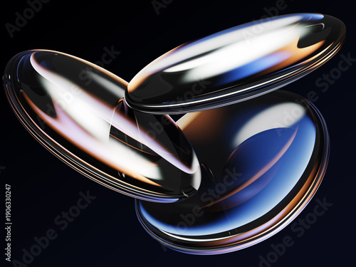Abstract black background with liquid glass circle discs, inflatable 3D shapes. Crystal light holographic circular disks, iridescent transparent lens with gold blue neon gradient. 3D illustration