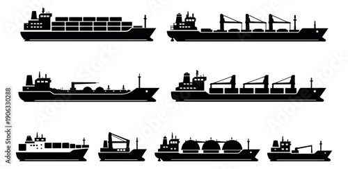 Flat design cargo ship icon set featuring container vessels, tankers, and bulk carriers for global logistics and trade