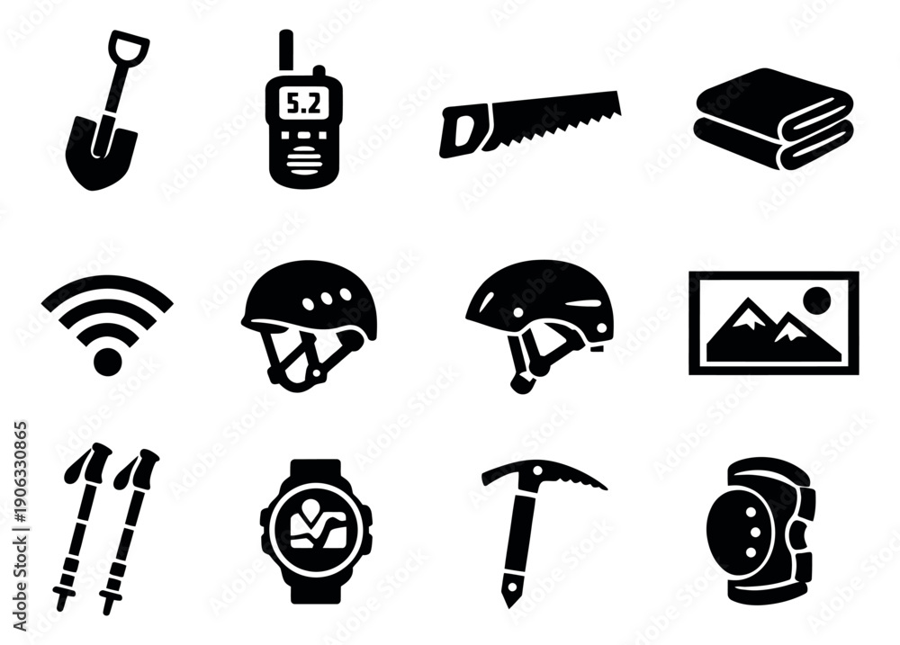 Fototapeta premium Solid black adventure icons set featuring outdoor gear, communication devices, and safety equipment for exploration