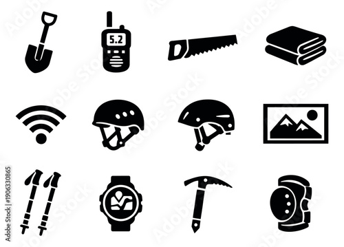 Solid black adventure icons set featuring outdoor gear, communication devices, and safety equipment for exploration