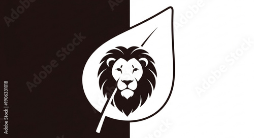 Lion Head Logo Design with Bow Tie in Leaf Shape on Black and White Background
