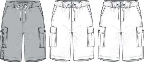 Technical Fashion Flat Sketch of Men's Cargo Shorts with Drawstring Waist, Pockets, and Stitching Details in Three Variations