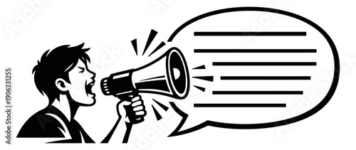 Retro line art illustration of a man shouting into a megaphone depicting a message for public communication