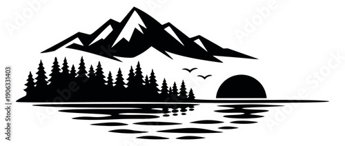 Silhouette illustration of a mountain lake scene depicting a tranquil sunset for outdoor and travel designs