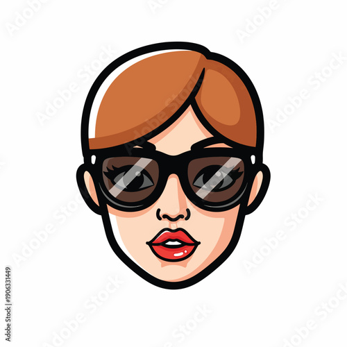 A cartoon woman's face with sunglasses and red lipstick