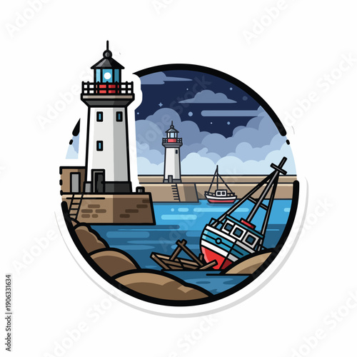 A serene coastal scene with lighthouses and a shipwreck