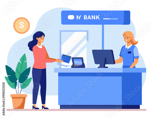 flat vector illustration of a customer withdrawing cash at a bank teller counter
