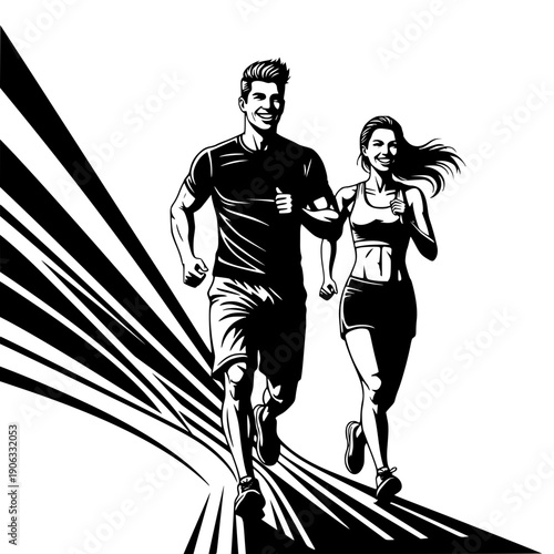 Running man and woman, isolated vector illustration. Run, side view. Silhouettes of athletic looking male and female runners running. Transparent background SVG version.
