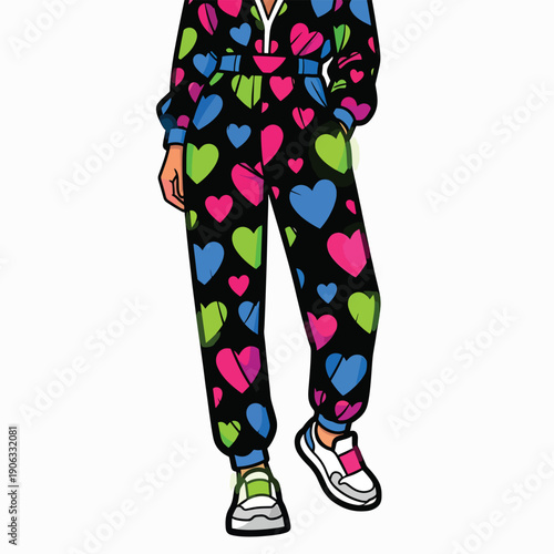 A person's lower body in a colorful heart-patterned tracksuit