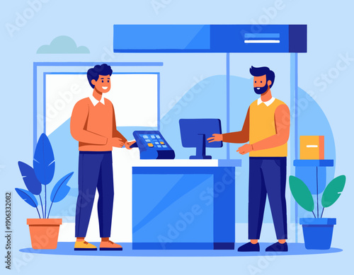 flat vector illustration of a customer withdrawing cash at a bank teller counter