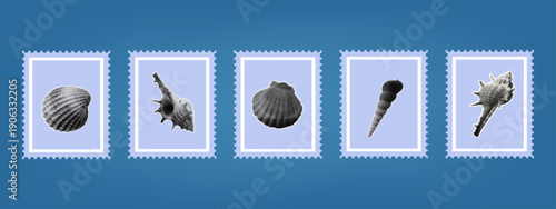 A set of postage stamps with seashells. A Mediterranean set of paper-cut stickers for collage. Underwater world, a variety of shells for scrapbooking. Vector illustration, contemporary halftone art.
