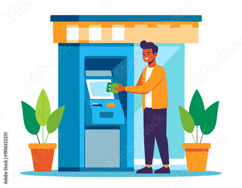 flat vector illustration of a person withdrawing money from an ATM 