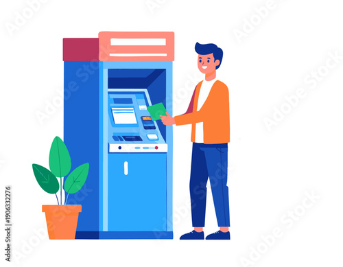 flat vector illustration of a person withdrawing money from an ATM