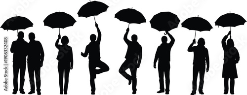 Professional vector collection of people silhouettes holding umbrellas standing in various poses for rainy weather autumn season and outdoor lifestyle graphic design projects.
