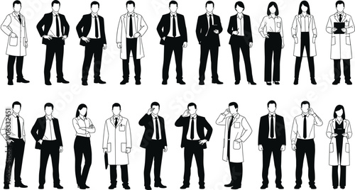 Professional vector collection of medical doctor and healthcare worker silhouettes in lab coats and stethoscopes for hospital, medicine, and clinical staff design concepts.