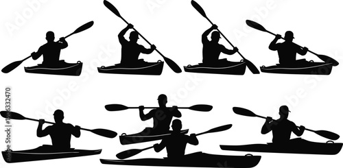 Professional vector collection of kayak silhouettes with people paddling on water for summer sports outdoor adventure recreation and lake tourism graphic design projects.