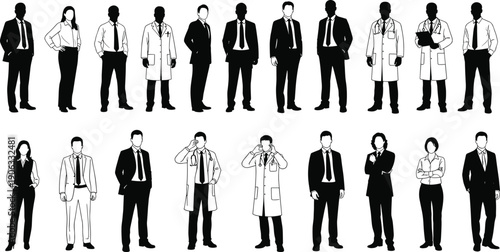 Professional vector collection of medical doctor and healthcare worker silhouettes in lab coats and stethoscopes for hospital, medicine, and clinical staff design concepts.