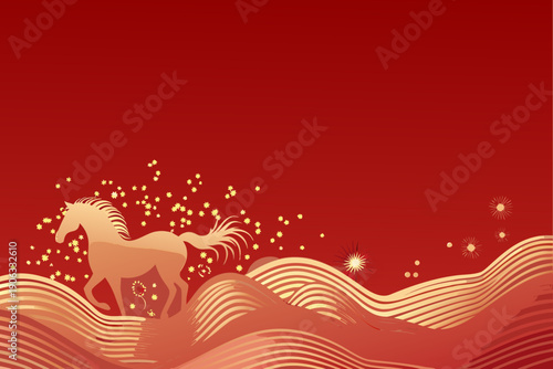 Golden horse silhouette running across red waves with sparkling highlights