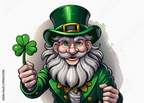 Smiling leprechaun character holding a four leaf clover whimsical illustration