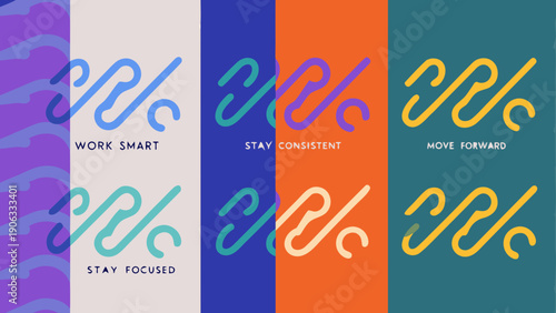 Colorful vertical panels displaying motivational phrases and abstract designs