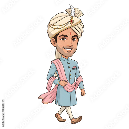 Indian groom walking confidently with safa turban and stole, caricature proportions
