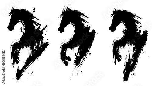 Three black ink wash paintings of horses in dynamic poses