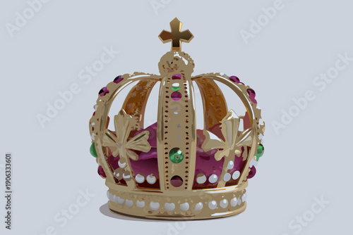 A regal golden crown adorned with vibrant jewels and a purple interior