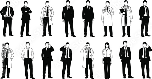 Professional vector set of medical doctor silhouettes including healthcare workers in lab coats and stethoscopes for hospital, medicine, and clinical staff design concepts.