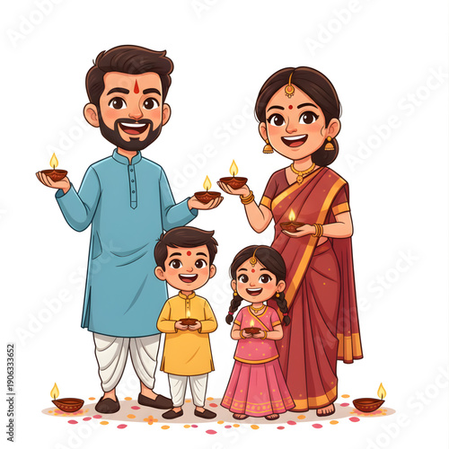 Indian family celebrating festival in traditional clothes, holding diyas, smiling faces, modern vector caricature style