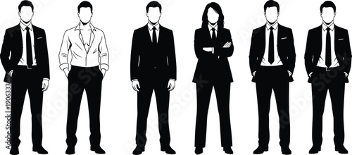 Professional vector set of business people silhouettes wearing formal suits and office attire for corporate leadership, team management, success, and career growth concepts.