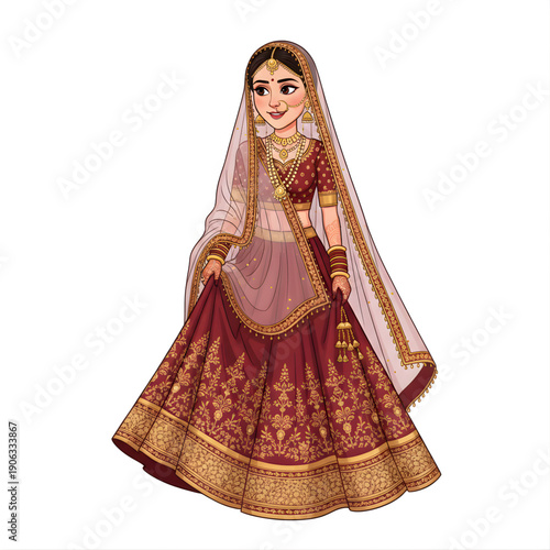 Indian bride walking gracefully holding lehenga, shy smile, flowing dupatta, detailed embroidery, caricature vector