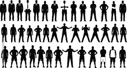 Professional vector collection of business people silhouettes in formal suits, casual office attire, and leadership poses for corporate management and career growth concepts.