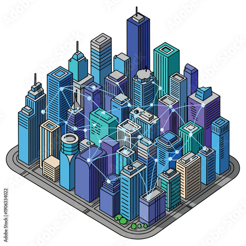 A futuristic cityscape with sleek skyscrapers and interconnected networks