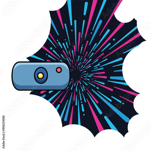 A futuristic graphic of a blue device emitting pink and blue rays on a dark background