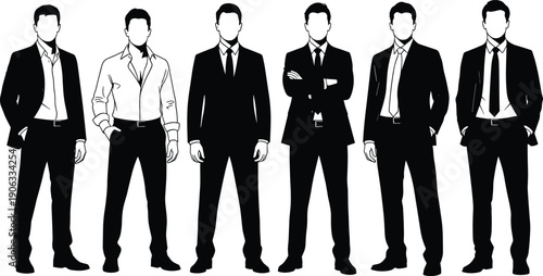 Professional vector collection of business people silhouettes in formal suits and office attire for corporate leadership, team management, and successful career growth concepts.