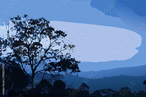 Silhouetted trees against a bright hazy blue sky and distant hills