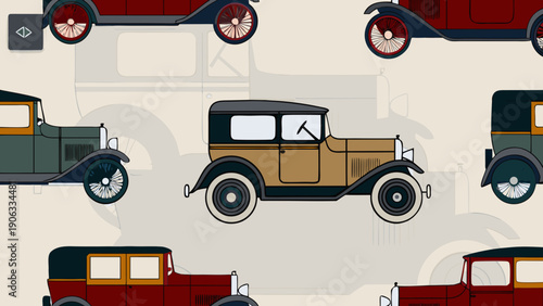 Vintage automobiles in a repeating pattern against a neutral background