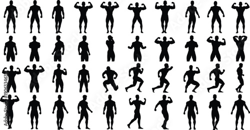 Professional vector collection of bodybuilder silhouettes in various posing routines for fitness, weightlifting, bodybuilding competition, gym training, and muscular male anatomy design concepts.