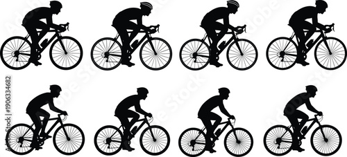 Professional collection of cyclist silhouettes including road bike racers and mountain bikers riding in various poses for sports competition, fitness, and outdoor activity.