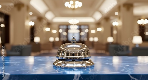 Hotel Reception Service: Silver concierge bell on blue marble counter in luxury lobby, hospitality management, customer welcome and check-in concept