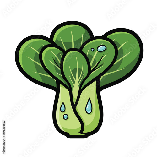 A cartoonish green vegetable with leaves and droplets
