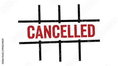 Cancellation: A bold CANCELLED sign within a grid, conveying the concept of termination, stoppage, or unavailability.
