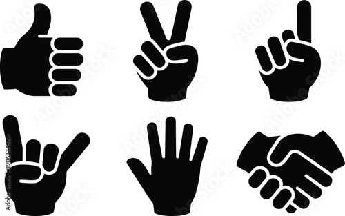 Six different hand signs in black on a white background