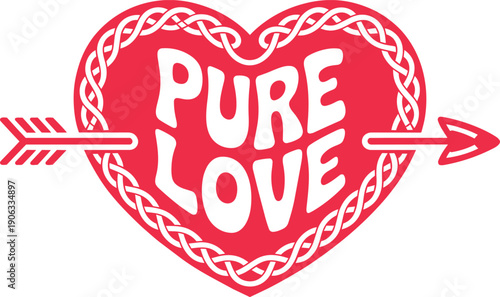 Pure love phrase within heart shape with arrow and celtic knot border