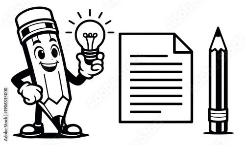 Line art education and creativity icon set featuring a happy pencil character holding a lightbulb, a document, and a pencil for education and brainstorming