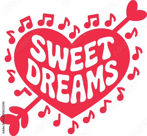 Sweet dreams musical heart vector art with floating music notes and curved arrow shaped elements